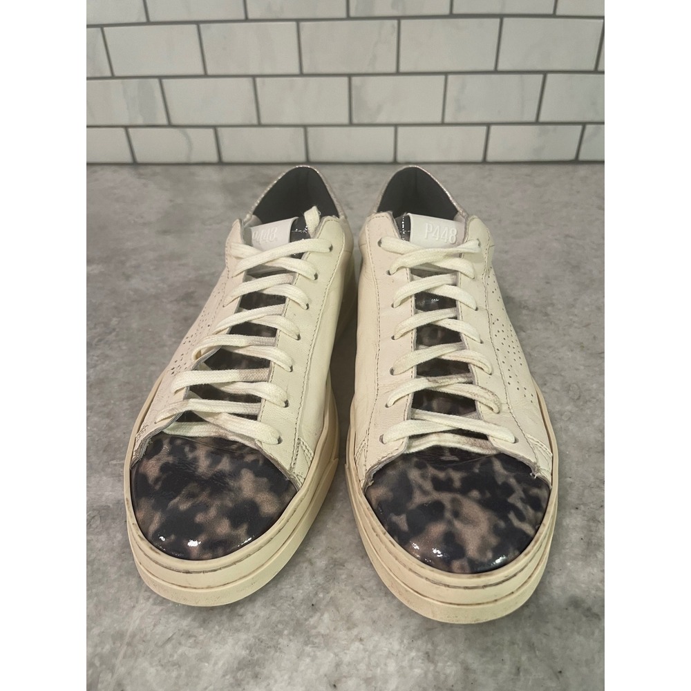 P448 Sneakers Womens 8.5 Off White John Leopard Print Toe Metallic Heel Low Top - Picture 4 of 11
